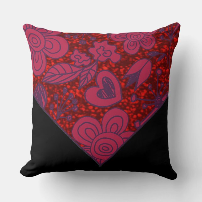 Red & Black Floral Doodle Glitter Throw Pillow (Front)