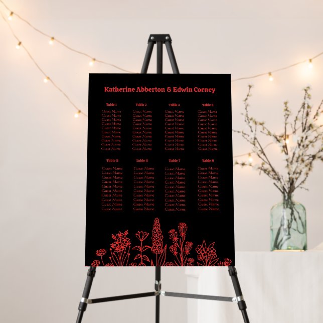 Red Black Floral Gothic Wedding Seating Chart Foam Board (In Situ (Stand))