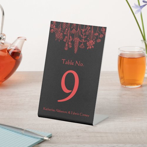 Red Black Floral  Gothic Wedding Table Number Pedestal Sign