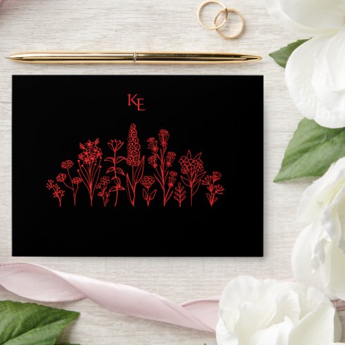 Red Black Floral Minimal Modern Gothic Wedding Envelope