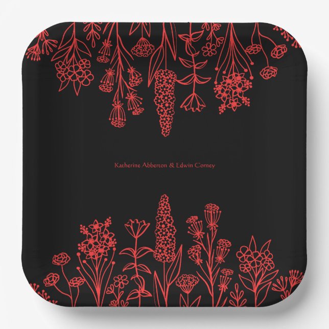 Red Black Floral Minimal Modern Gothic Wedding Paper Plates (Front)