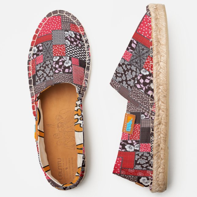 Red Black Floral Patchwork Pattern Espadrilles (Side)