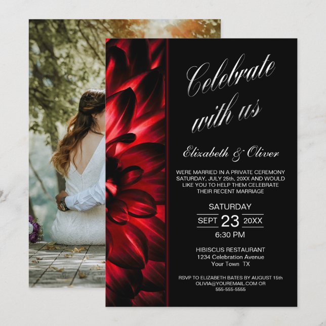 Red Black Floral Photo Wedding Reception Invitation (Front/Back)