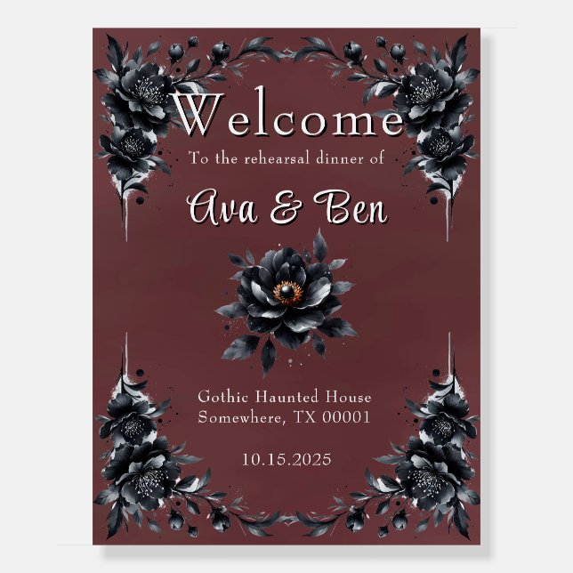 Red Black Floral Rehearsal Dinner Welcome Sign (Front)