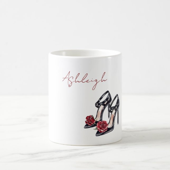 Red Black Floral Rose High Heels Coffee Mug (Center)