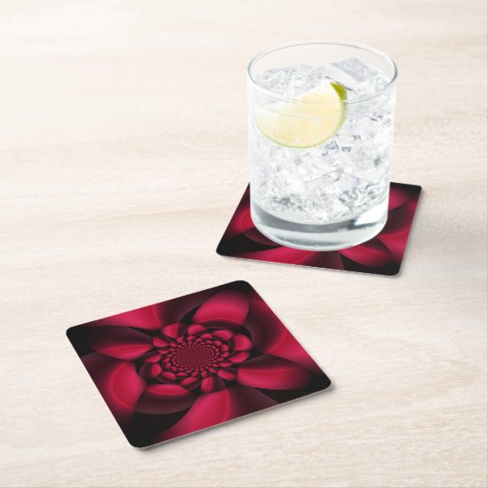 Red Black Floral Square Paper Coaster