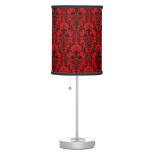 Red & Black Floral Swirls Damask 2 Table Lamp