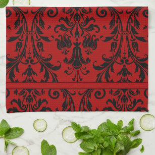 Red & Black Floral Swirls Damask Monogram Kitchen Towel