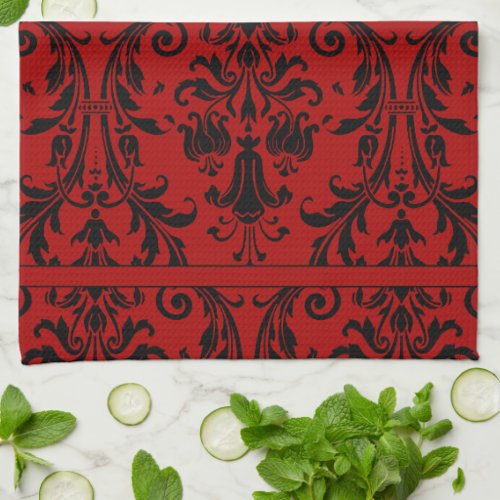 Red  Black Floral Swirls Damask Monogram Kitchen Towel