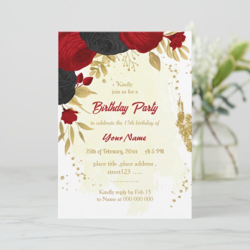 red  black flowers gold birthday party invitation