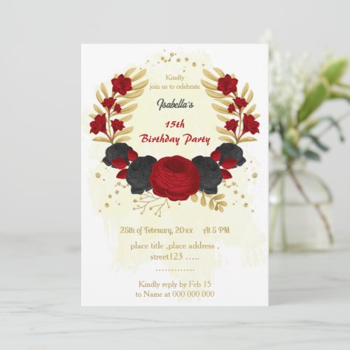 red  black flowers gold birthday party invitation