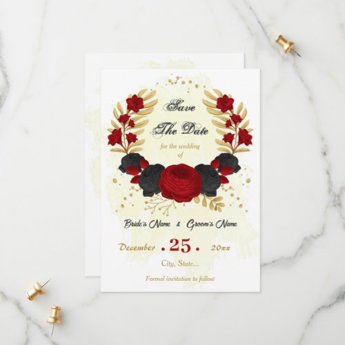 red  black flowers gold botanical save the date