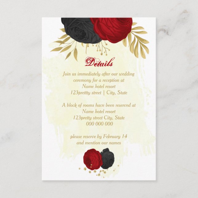 red & black flowers gold botanical wedding enclosure card (Front)