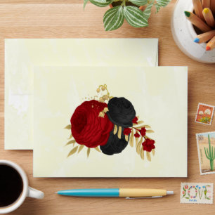 red & black flowers gold botanical wedding envelope