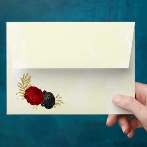 red  black flowers gold botanical wedding envelope