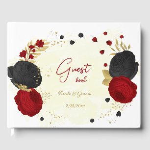 red & black flowers gold botanical wedding guest book