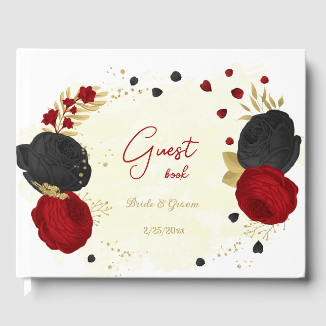 red & black flowers gold botanical wedding guest book (Front)
