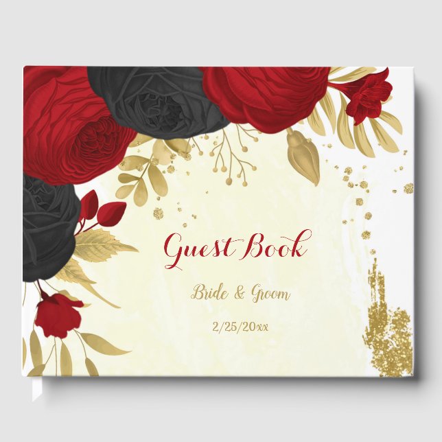 red & black flowers gold botanical wedding guest book (Front)