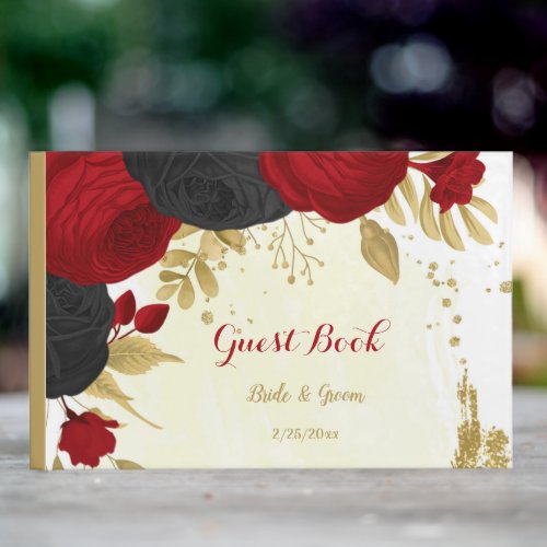 red  black flowers gold botanical wedding guest book