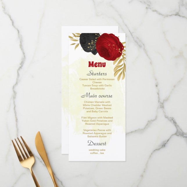 red & black flowers gold botanical wedding  menu (Front/Back In Situ)