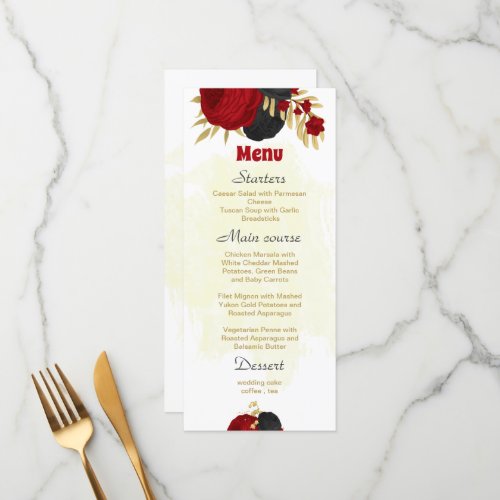 red  black flowers gold botanical wedding menu