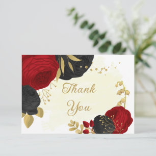 red & black flowers gold botanical wedding thank thank you card