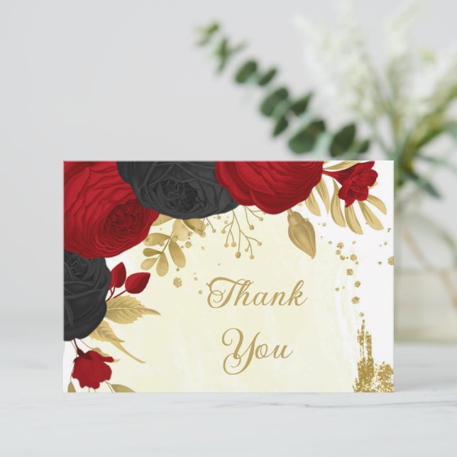 red & black flowers gold botanical wedding thank you card (Standing Front)