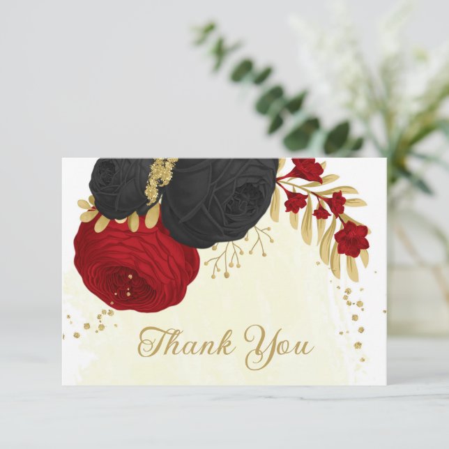 red & black flowers gold botanical wedding thank you card (Standing Front)