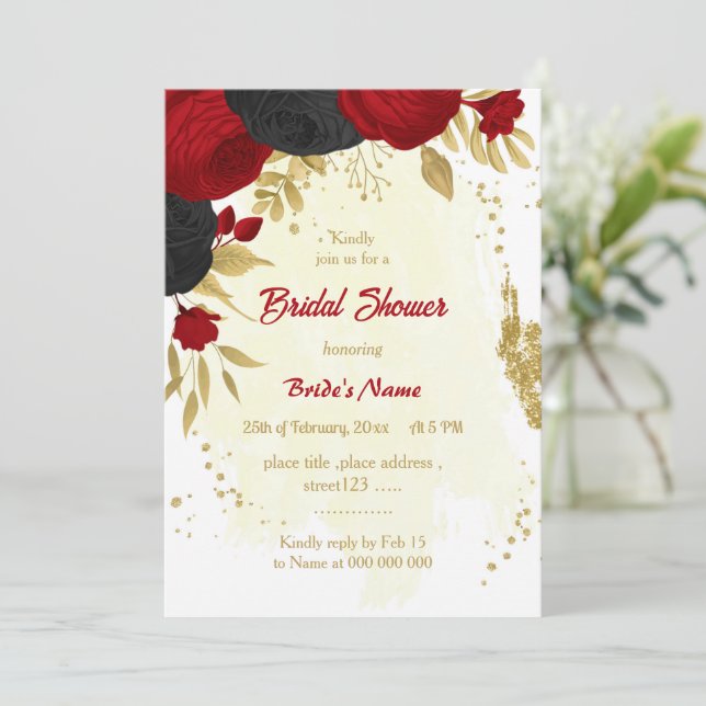 red & black flowers gold bridal shower invitation (Standing Front)