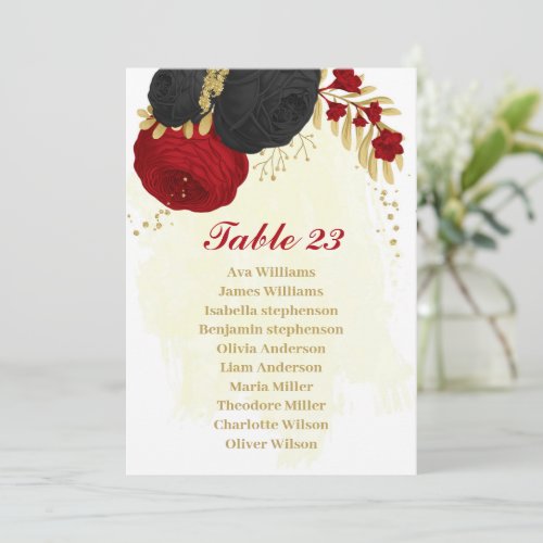 red  black flowers gold seating chart card