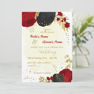 red & black flowers gold wedding invitation