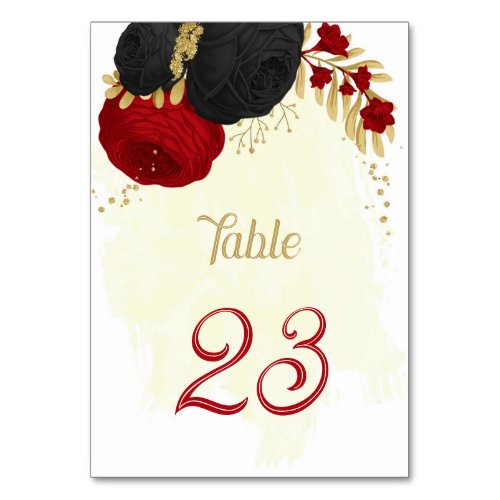 red  black flowers gold wedding table number