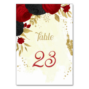 red & black flowers gold wedding table number