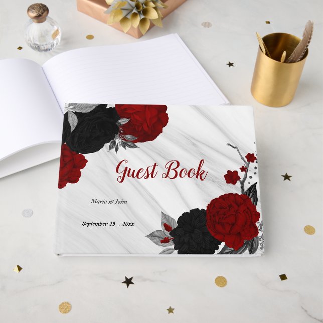 red & black flowers gray botanical marble guest book (Front Open)