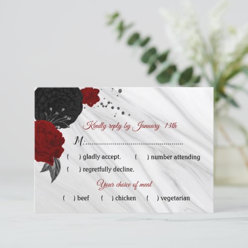 red  black flowers marble meal choice RSVP card