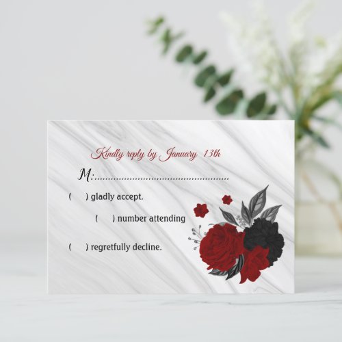 red  black flowers marble  RSVP card