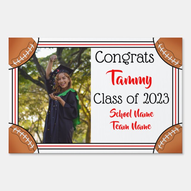 Red & Black Football One Photo Graduation Sign (Back)