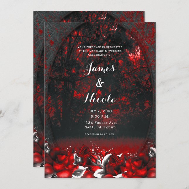 Red & Black Forest Roses Gothic Wedding  Invitation (Front/Back)