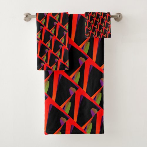 Red Black Geo Abstract 3 Piece  Bath Towel Set
