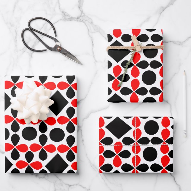 Red Black Geometric Modern Festive Wrapping Paper Sheets (Front)