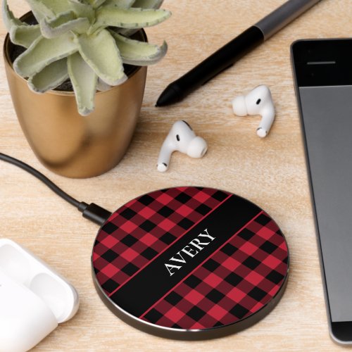 Red Black Gingham Check Pattern with Name Wireless Charger
