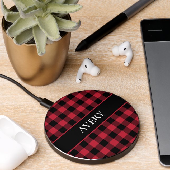 Red Black Gingham Check Pattern with Name Wireless Charger (Desk 2)