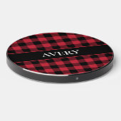 Red Black Gingham Check Pattern with Name Wireless Charger (Front 2)
