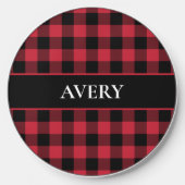 Red Black Gingham Check Pattern with Name Wireless Charger (Front)
