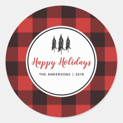 Red  Black Gingham Flannel Christmas Tree Classic Round Sticker