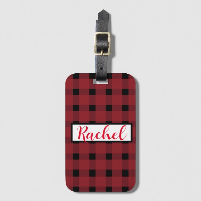 Red Black Gingham Personalized Luggage Tag (Front Vertical)