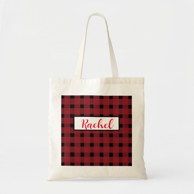 Red Black Gingham Personalized Tote Bag (Front)