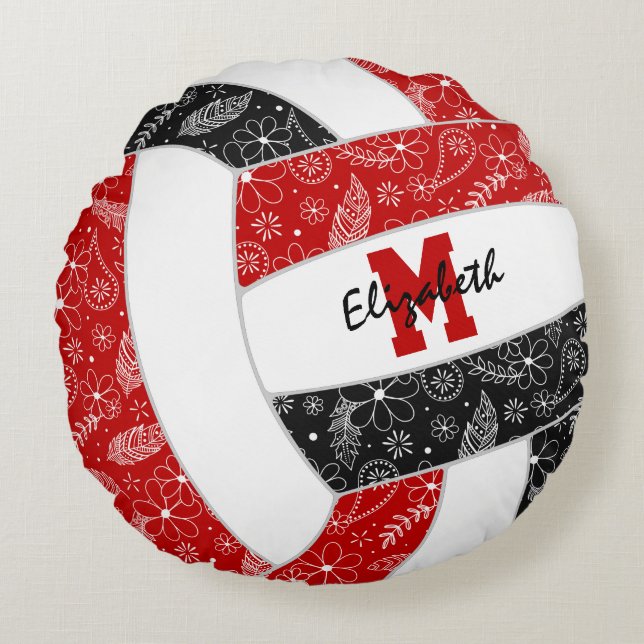 red black girls boho feathers pattern volleyball  round pillow (Front)