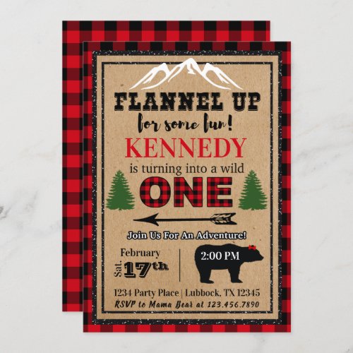 Red Black Girls Buffalo Plaid Birthday Invitation