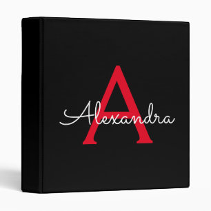 Red Black Girly Script Monogram Name Modern 3 Ring Binder